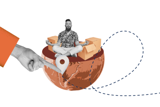 Creative collage picture young man meditate self control omm gps location delivery shipment service carton boxes drawing background