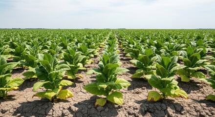 Fototapeta premium Vast Tobacco Field Under a Clear Blue Sky.