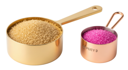 Isolated Kitchen metal golden measuring cups filled with golden and pink sugar crystals