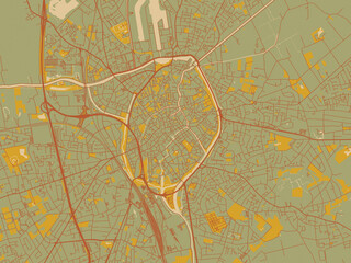 Flat painterly map of Brugge, Belgium in sage green ground with rust-red roads and ochre accents.