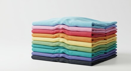 Stacked Rainbow of Folded T-Shirts, Vibrant Colors, Clean Presentation, Studio Lighting.