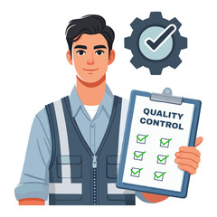 Flat Illustration of Man Holding Quality Control Checklist with Gear Icon Background