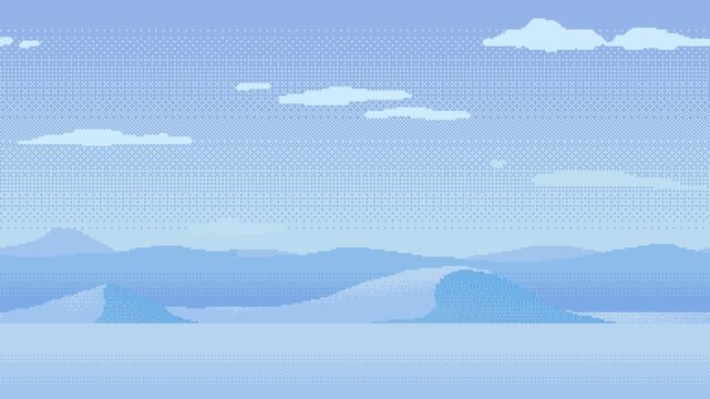 Looping frozen pixel art animation with scrolling landscape and moving clouds