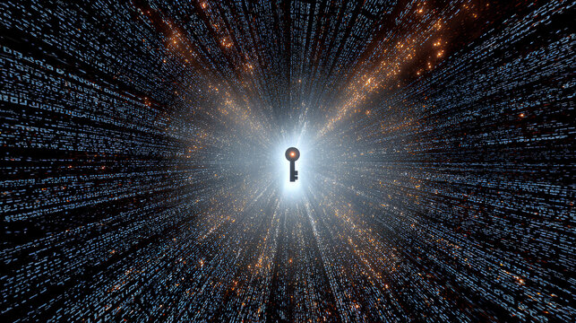 Cyber Key of Data Security: Unlocking Digital Encryption in Futuristic Network Matrix with Glowing Neon Access Pathways