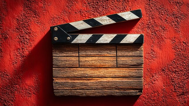 Rustic wooden clapperboard casting dramatic shadows against a red backdrop