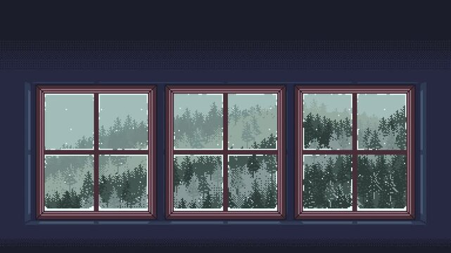 Looping pixel art animation of winter forest view with snowfall