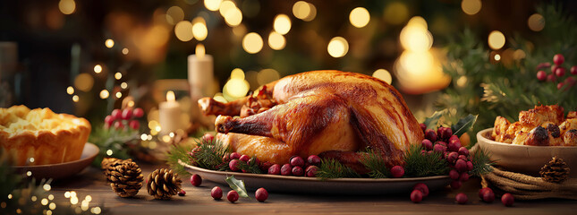a beautifully decorated christmas dinner table with a golden-brown, roasted holiday turkey