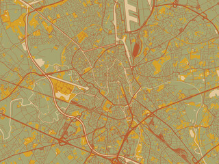 Decorative flat city map of Gent, Belgium using earthy sage background with rust roadways and ochre details.