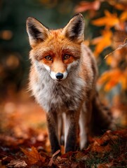A clever fox with a bushy tail and inquisitive eyes explores a vibrant autumn woodland carpeted with colorful falling leaves