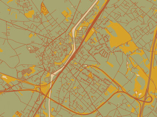 Abstract flat-design map of Halle, Belgium, featuring sage/olive tone field with rust networks and ochre shapes, cream water.