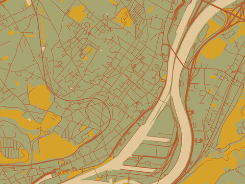 Vector-style flat map of Herstal, Belgium with olive backdrop with warm rust street network and ochre blocks.