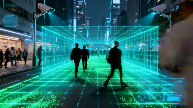 Technological visualization of urban surveillance system with human figures moving through digitized tracking corridor, holographic data interfaces revealing movement patterns