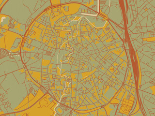 Obraz premium Vector-style flat map of Leuven Centrum, Belgium with sage green ground with rust-red roads and ochre accents.