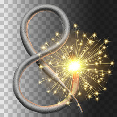 Ampersand Symbol Made of Sparkler Candle – Bright Glowing Light Typography Concept. Realistic Bengal Fire Vector Illustration Isolated on Transparent Background