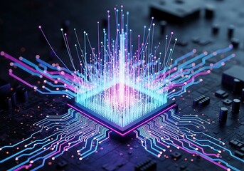 Abstract visualization of a central processing unit cpu with glowing blue and pink light trails emanating from its core, representing data flow and connectivity on a dark, futuristic circuit board