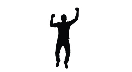 Silhouette of a person jumping with arms raised in celebration against a white background. © nanda