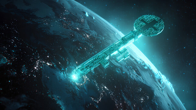 Cyber Key of Data Security: Unlocking Digital Encryption in Futuristic Network Matrix with Glowing Neon Access Pathways