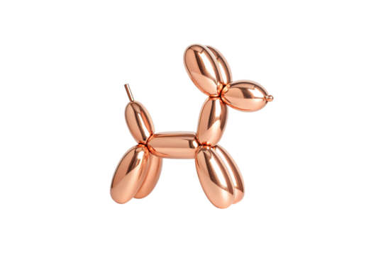 Copper metallic balloon animal dog figure, shiny reflective surface, children's party decoration, isolated on a transparent background