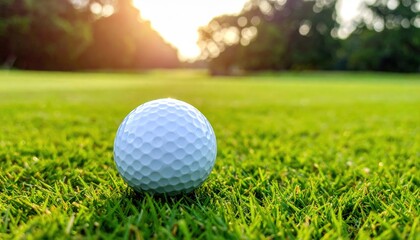 Obraz premium A close-up of a golf ball resting on lush green grass with sunlight in the background.
