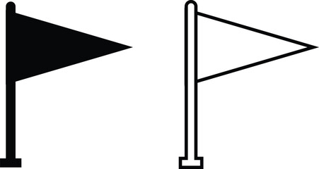 Black flag icon set, collection and group of flagpole symbols in flat and line style, minimalist banner, pennant, marker, and sign design vector illustration, silhouette and outline black vector