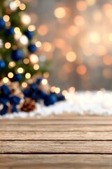 Rustic wooden table with blurred Christmas tree lights in the background, perfect for holiday product mockups and festive presentations