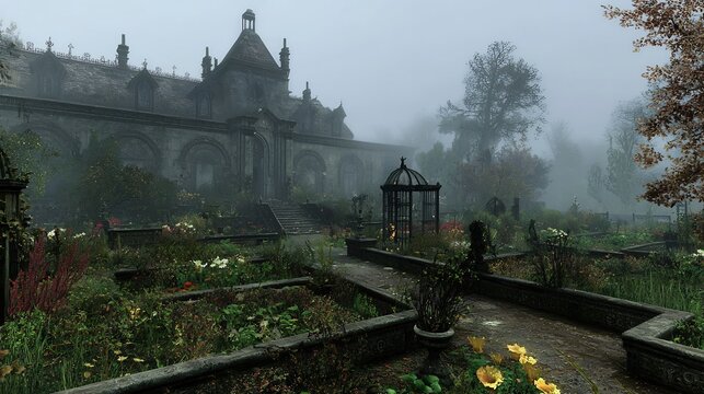 A misty garden with a large building in the background and a gazebo in the middle ground area