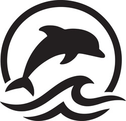Fototapeta premium Silhouette dolphin leaping over ocean waves beneath a stylized sun arc vector icon.