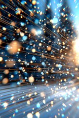 Futuristic glowing fiber optic cables with bokeh light effect, technology background