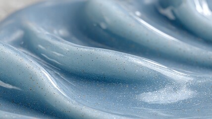 Close-up of blue glossy texture with golden glitter, abstract cosmetic background for skincare or beauty design