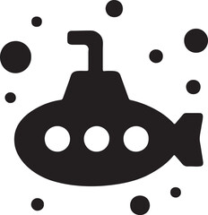 Submarine silhouette surrounded by tiny bubble vectors creating deep-sea exploration feel.