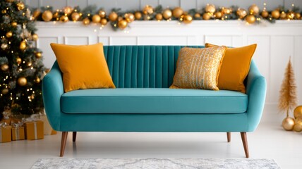 Stylish turquoise sofa with yellow pillows and golden Christmas decorations in bright festive living room