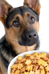 Close-up of a cute dog looking at a bowl full of crunchy dog treats, pet food concept on white background