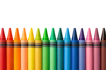 Red, orange, yellow, green, blue, purple crayons arranged in rainbow order against white background, isolated on a transparent background
