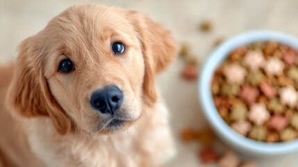 Cute golden puppy sitting near a bowl with colorful dog food, looking up with adorable eyes