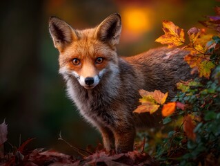 A clever fox with a bushy tail stands alert in a colorful autumn forest filled with fallen leaves