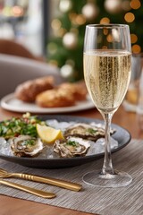 Champagne glass with oysters on ice, elegant festive table setting, luxury celebration dinner