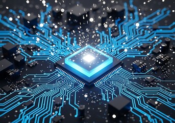 A central processing unit cpu on a dark circuit board, emitting a vibrant blue light that illuminates the surrounding electronic pathways and scattered particles, suggesting a powerful digital core