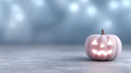 Minimal pastel halloween pumpkin with glowing face on soft blue background, modern spooky aesthetic