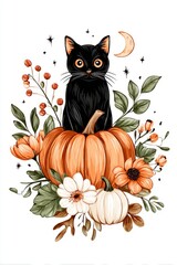 Adorable black cat sitting on pumpkin surrounded by autumn flowers and leaves, cozy halloween illustration