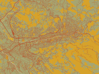 Poster-ready flat map of Sarajevo, Bosnia and Herzegovina, sage/olive tone field with rust networks and ochre shapes, cream water.