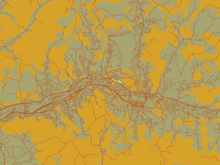 Decorative flat city map of Tuzla, Bosnia and Herzegovina using sage green ground with rust-red roads and ochre accents.