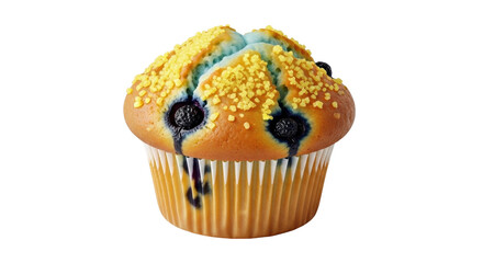 Isolated muffin with blueberries and blue frosting, delicious treat for breakfast or snack