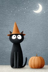 Funny black cat in witch hat sitting next to pumpkin under starry night sky, cute halloween illustration