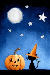Watercolor halloween illustration with black cat in witch hat and pumpkin under moon and stars, night sky background