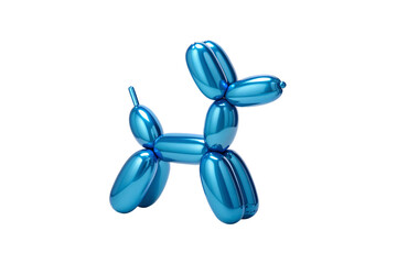 Metallic blue balloon dog sculpture with shiny reflective surface and playful posture, isolated on a transparent background