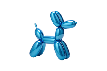 Metallic blue balloon dog sculpture with shiny reflective surface and playful posture, isolated on a transparent background