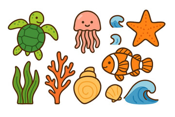 Fototapeta premium Cute cartoon sea animals and ocean elements set featuring turtle, jellyfish, clownfish, starfish, and coral