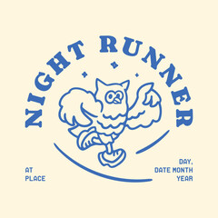Cute cartoon animal mascot character of nocturnal owl running sport at night bold outline modern style illustration for poster, banner, event, community, and sticker