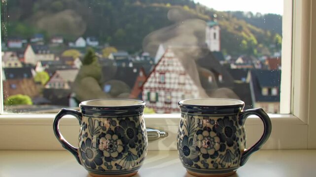 Two steaming mugs with steam on windowsill overlooking scenic town landscape view, offering cozy relaxation, morning drink, and peaceful countryside escape.