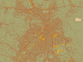 Minimalist flat city map of Nicosia, Cyprus with olive backdrop with warm rust street network and ochre blocks.